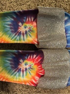 Rhinestone Slide Sandals with Rainbow Tie-Dye Footbed